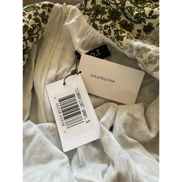 o.p.t Didi Dress Green Floral Puff Sleeve Mini Velvet Bow Size S (Zipper Issue) - Picture 13 of 15